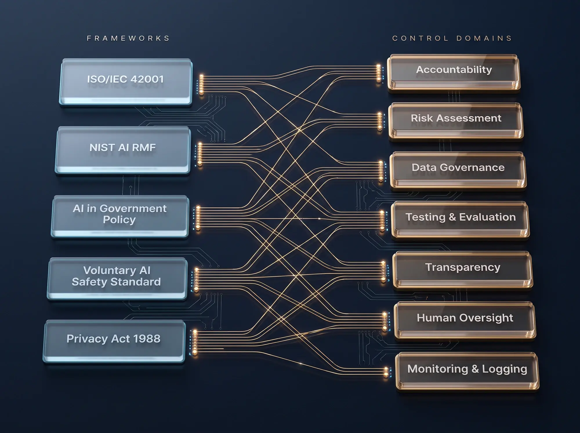 Governance control map: ISO/IEC 42001, NIST AI RMF, AI in Government Policy, the Voluntary AI Safety Standard and the Privacy Act 1988 mapped to seven control domains: accountability, risk assessment, data governance, testing and evaluation, transparency, human oversight, and monitoring and logging.